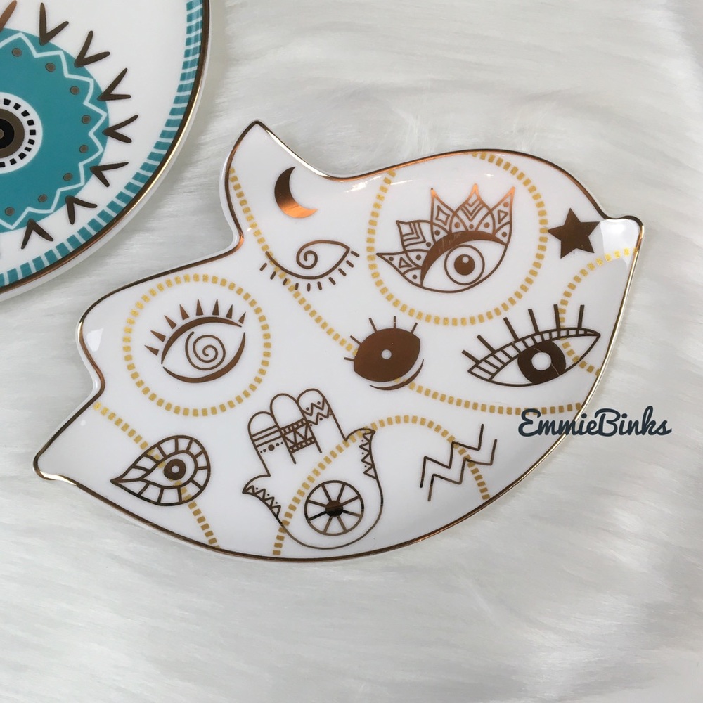New Ceramic Hamsa Hand Evil Eye Gold Illustrative Jewelry Tray ~ Trinket Tray